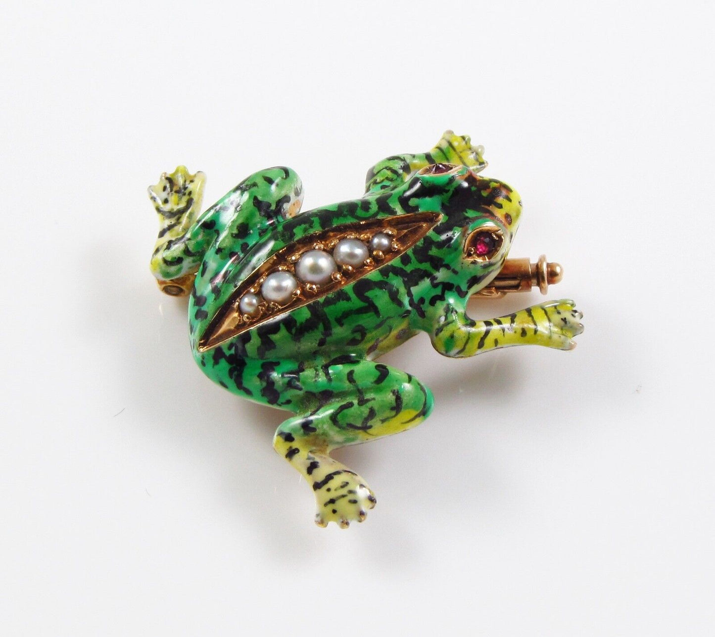 14K Gold Vintage Enamel & Pearl Body Frog Brooch Pin With Ruby Eyes