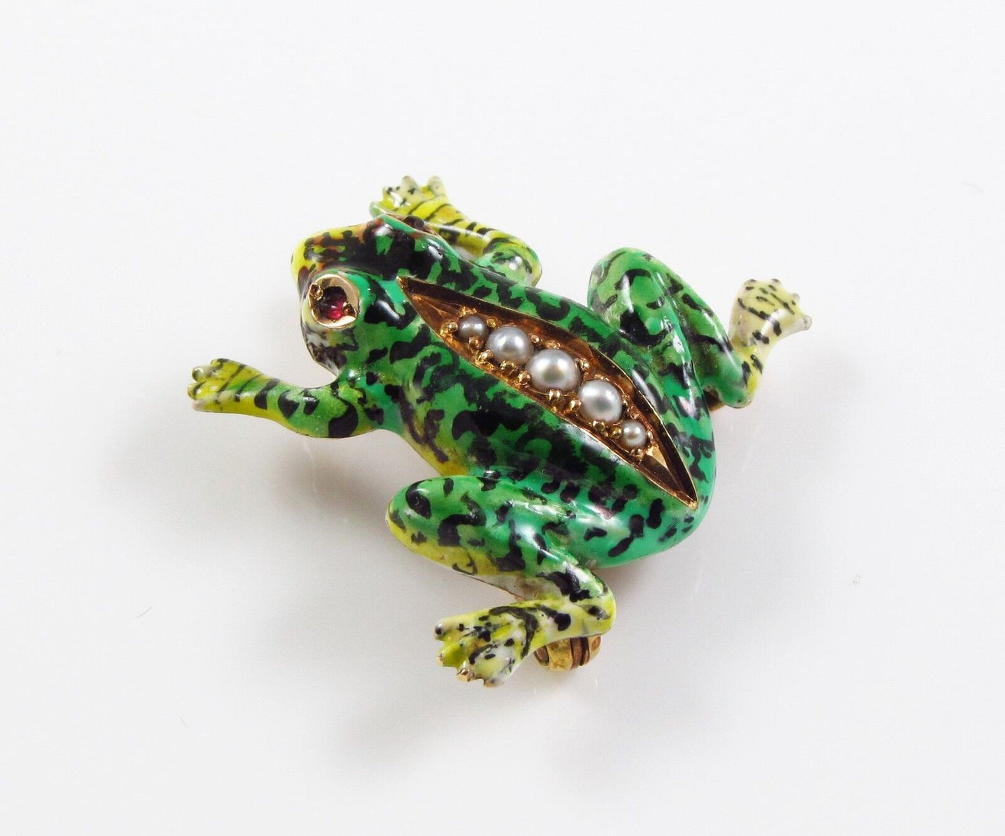 14K Gold Vintage Enamel & Pearl Body Frog Brooch Pin With Ruby Eyes