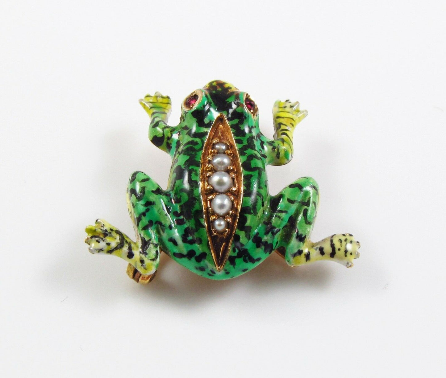 14K Gold Vintage Enamel & Pearl Body Frog Brooch Pin With Ruby Eyes