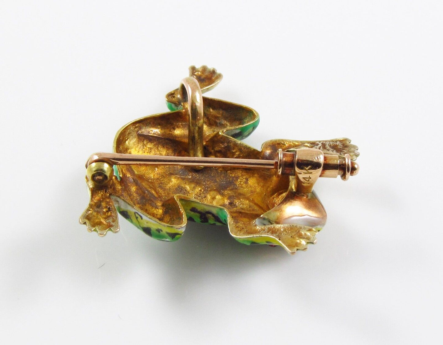 14K Gold Vintage Enamel & Pearl Body Frog Brooch Pin With Ruby Eyes