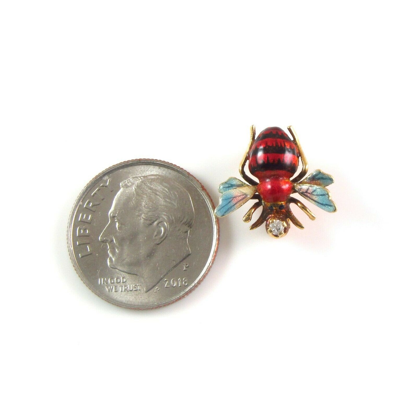 Vintage Estate14k Gold Polychrome Enamel & Diamond Bug Insect Bee Brooch Pin