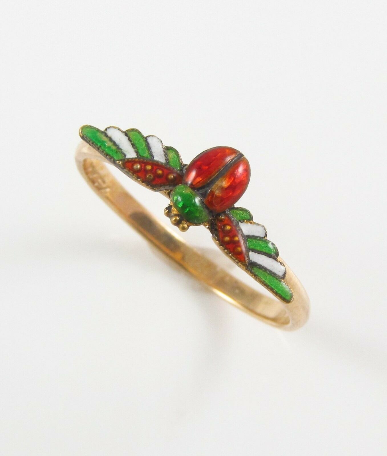 14K Gold Victorian Egyptian Revival Enamel Winged Scarab Conversion Ring 7.75